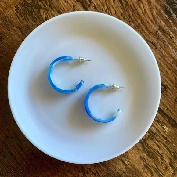 ❤️ NEW 2/$20 or 3/$25 Statement Blue and White Acrylic Swirl Hoop Earrings - Picture 1 of 6